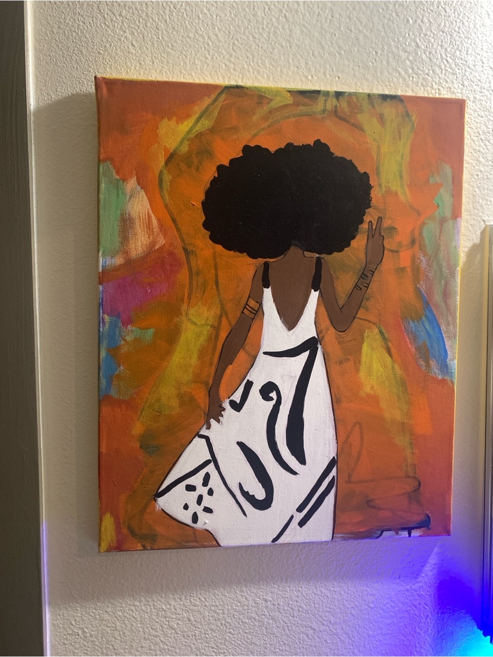 Afro Silhouette Canvas Art - White Dress on Orange Background